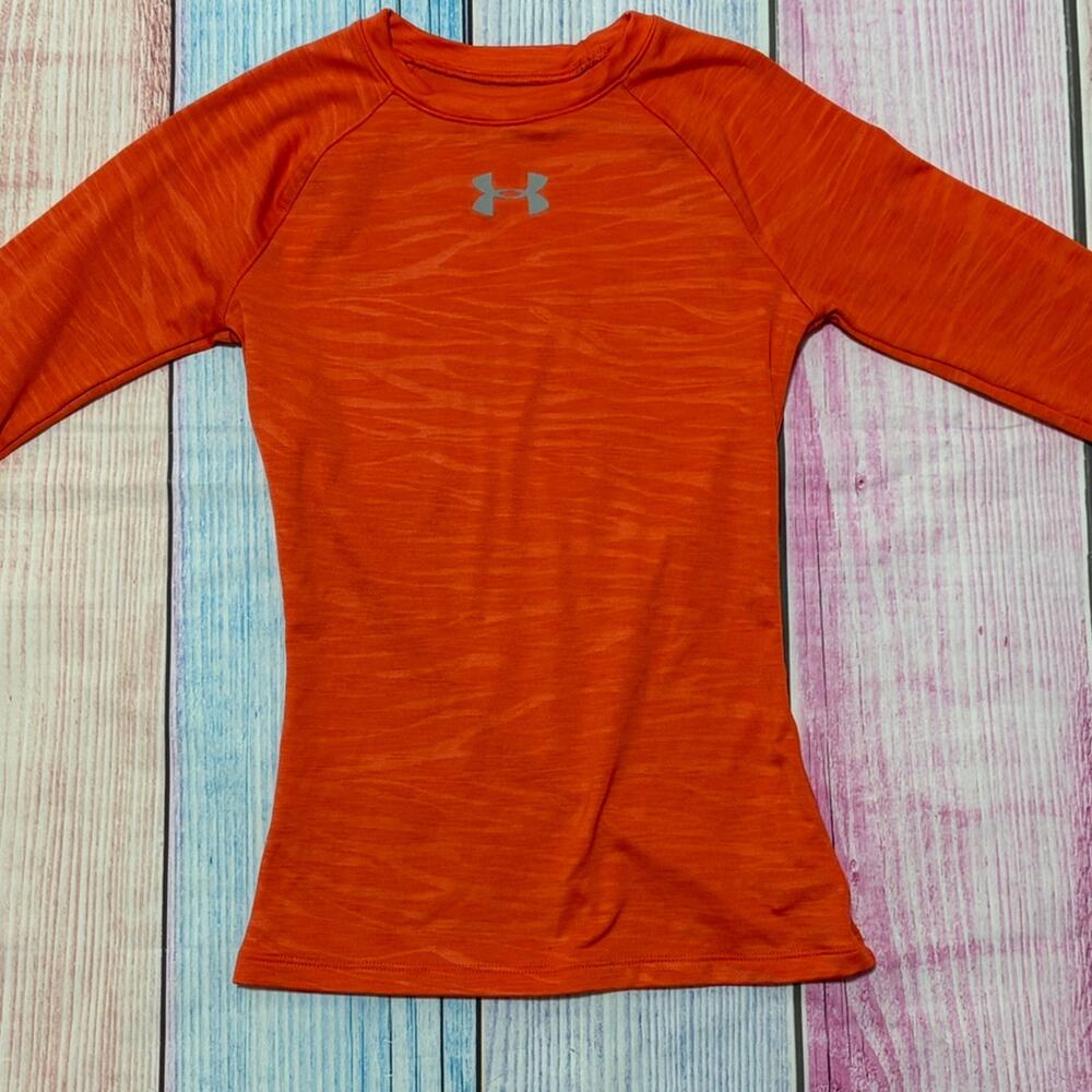 Under Armour Girls Youth Small (8) Orange Fitted Long Sleeve Performance Top EUC